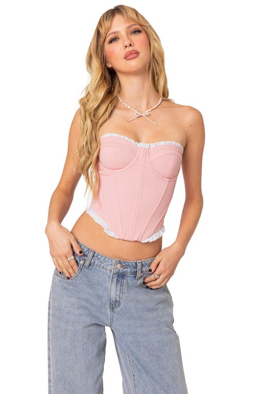 EDIKTED Tempting Texture Ruffle Hem Corset Top Light-Pink at Nordstrom,