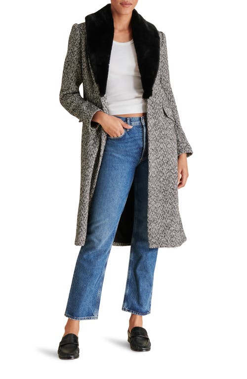 Shop Steve Madden Dienne Herringbone Tweed Coat With Faux Fur Collar In Black Multi