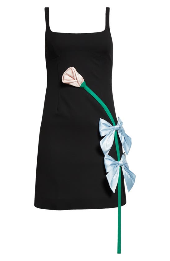 Shop Sandy Liang Fairfield Bow Flower Appliqué Minidress In Black