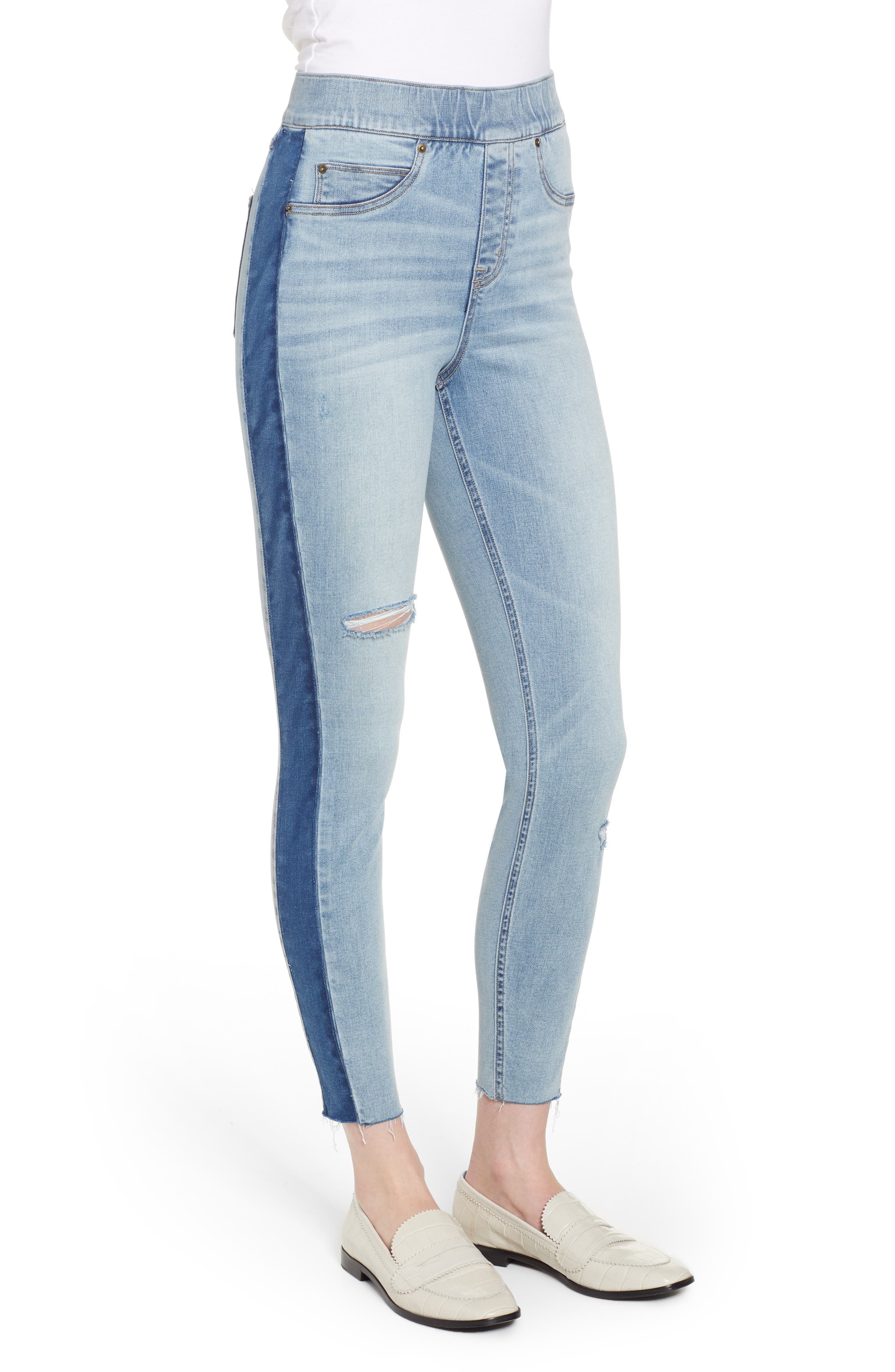 spanx distressed skinny jeans with side stripe