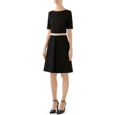 Gucci Logo Waist Wool Blend Jersey A-Line Dress, US / 42 IT - Black