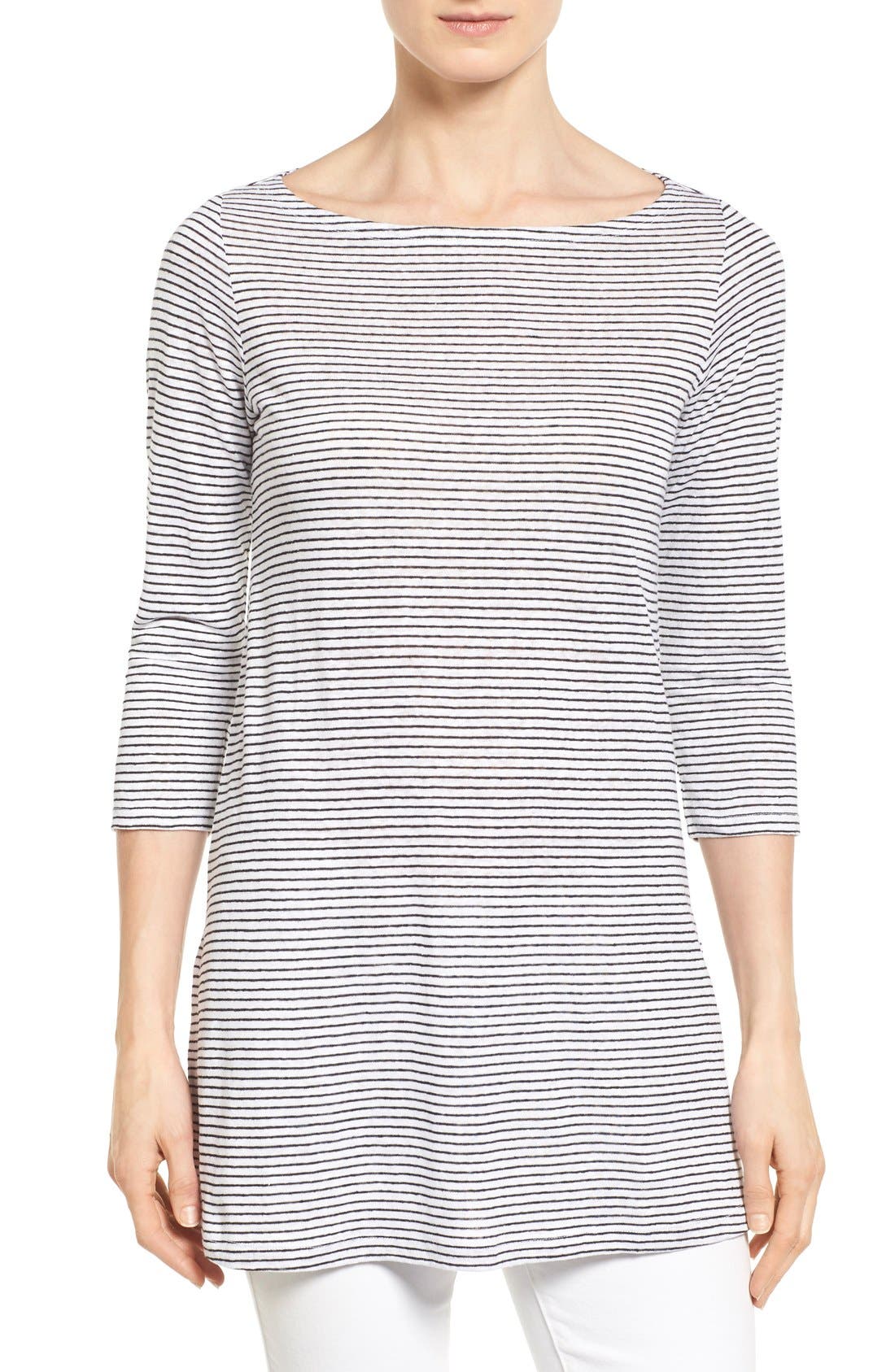 Eileen Fisher Stripe Organic Linen Knit Bateau Neck Tunic (Regular