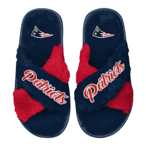 Women's FOCO Navy New England Patriots Two-Tone Crossover Faux Fur Slide Slippers
