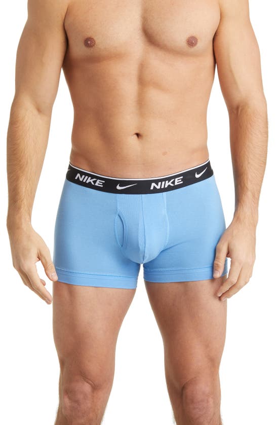 Nike 3-pack Dri-fit Essential Stretch Cotton Trunks In Swoosh Print/ Cool Grey/ Blue