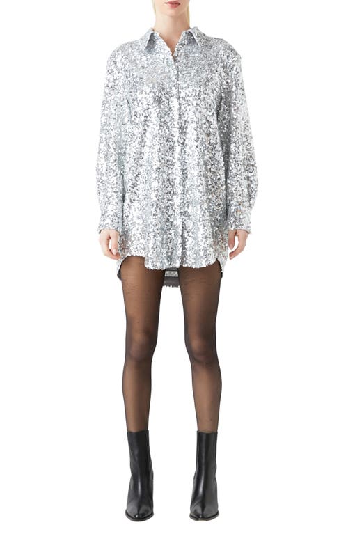 Sequin Long Sleeve Mini Shirtdress in Silver