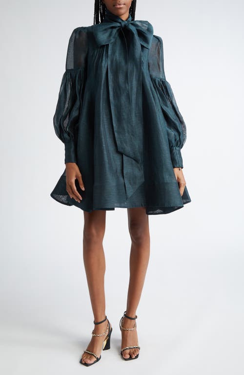 Shop Zimmermann Pavilion Long Sleeve Bow Neck Linen & Silk Dress In Pine