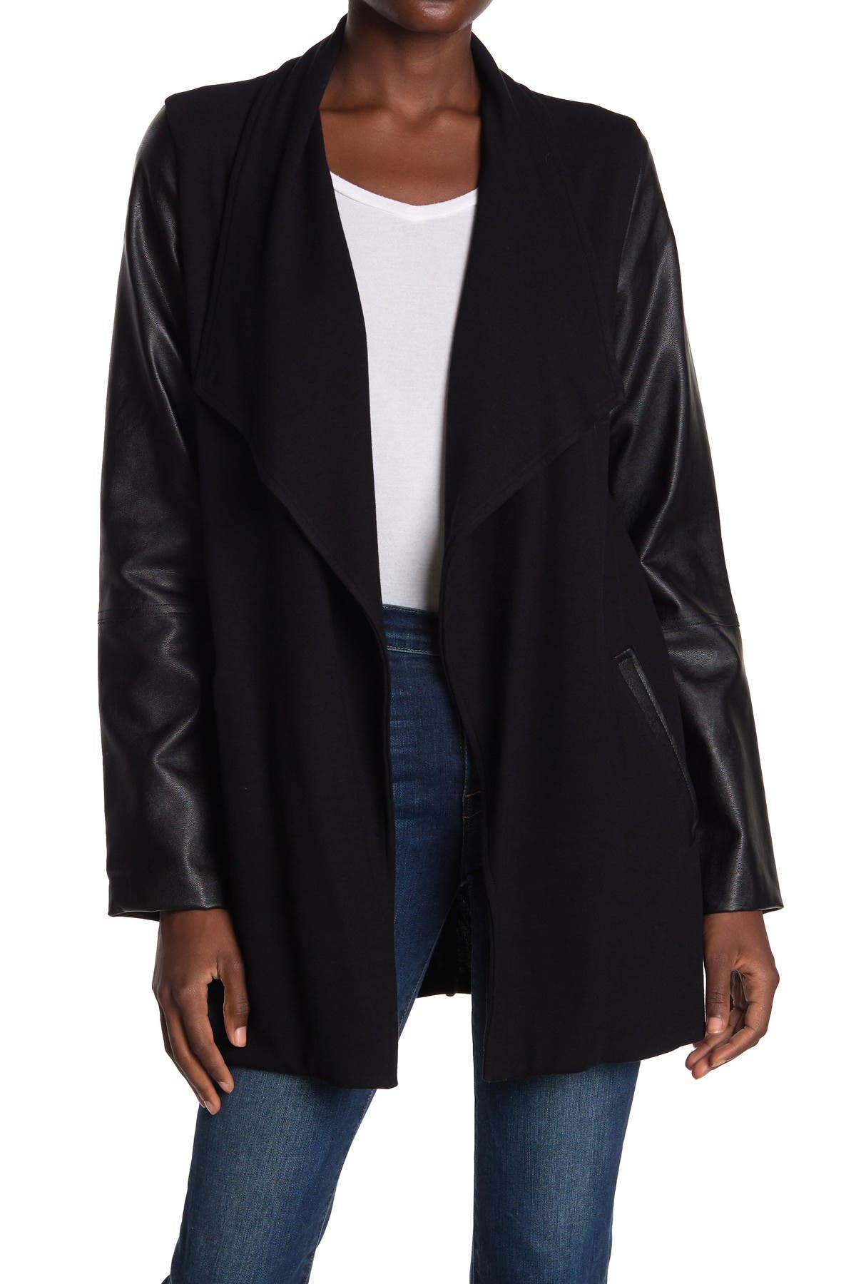 faux leather open front jacket