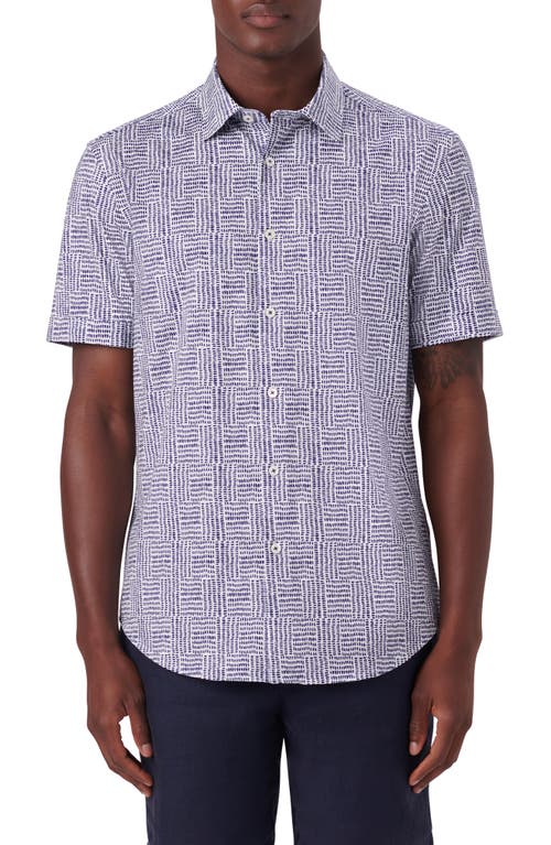 Bugatchi OoohCotton Geo Print Knit Short Sleeve Button-Up Shirt Navy at Nordstrom,