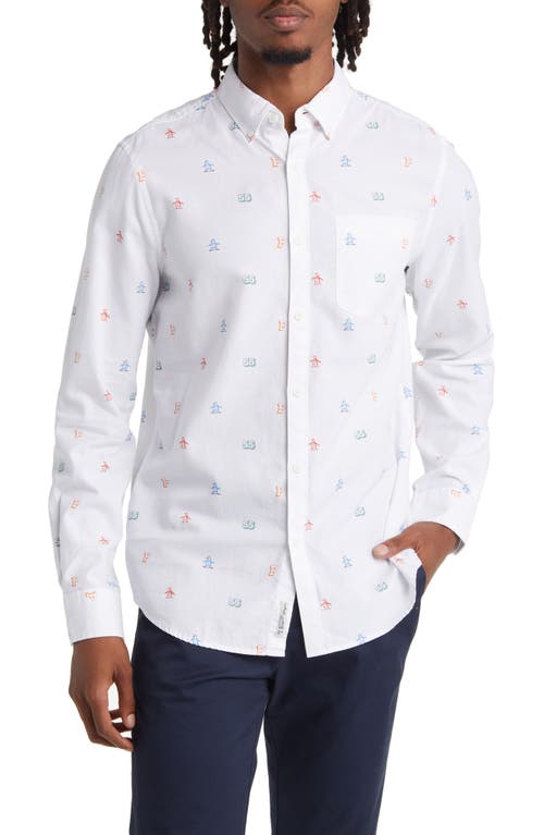 Mini Collegiate Print Slim Fit Oxford Button-Up Shirt in Bright White
