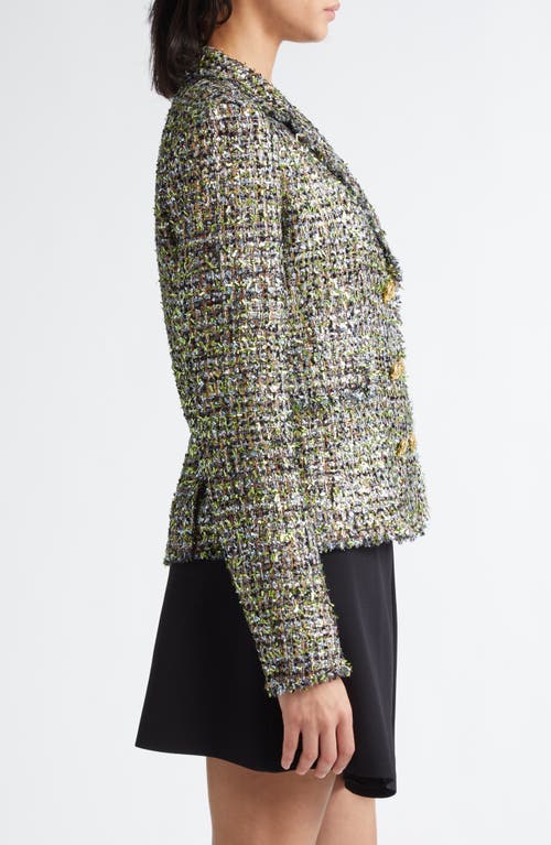 Shop Giambattista Valli Double Breasted Metallic Eyelash Tweed Blazer In Black/green