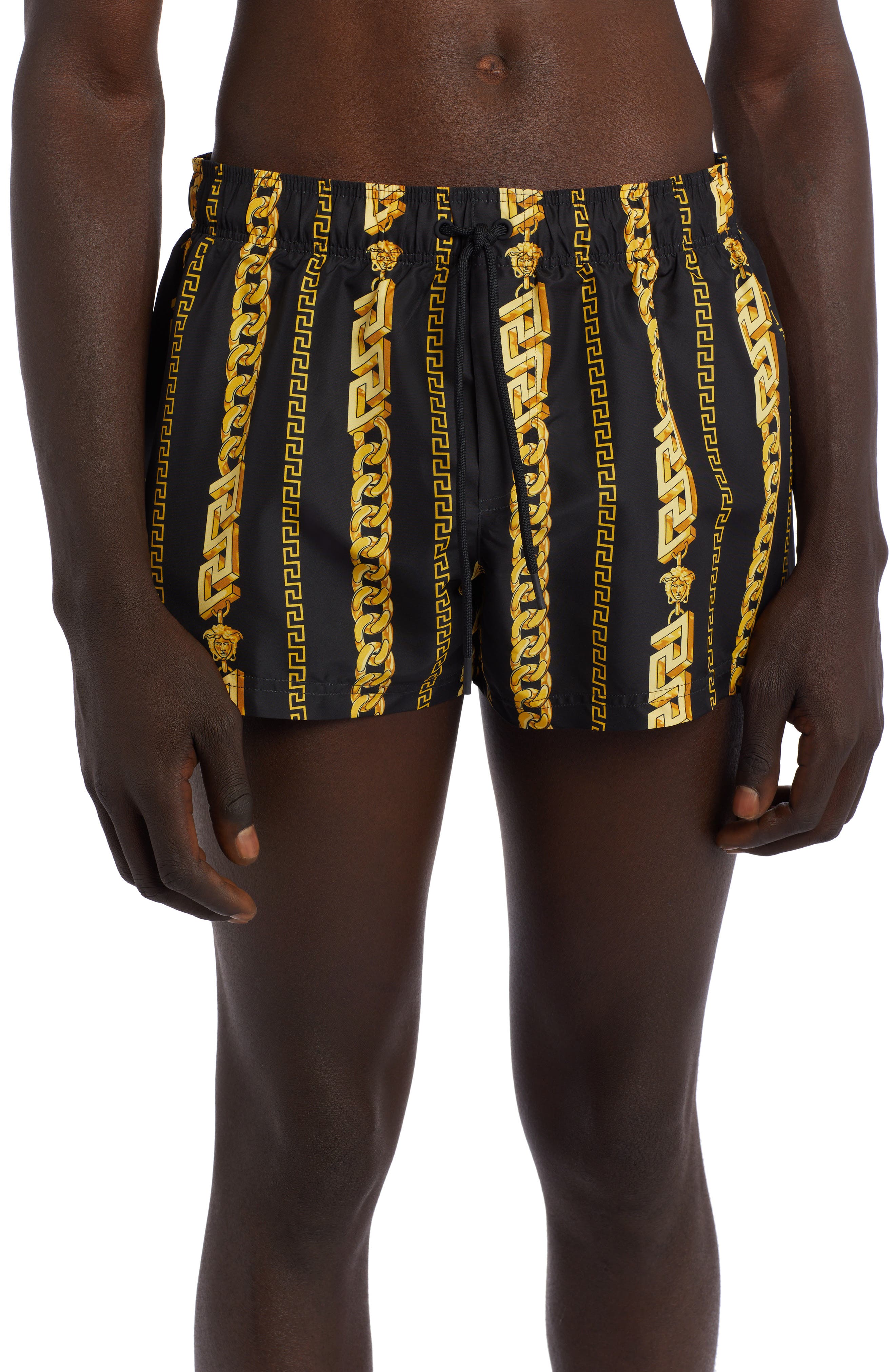 Versace Chain Print Swim Trunks in Black Gold at Nordstrom, Size 3 Us