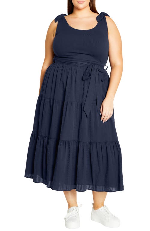 City Chic Hallie Mixed Media Tiered Midi Dress In Navy