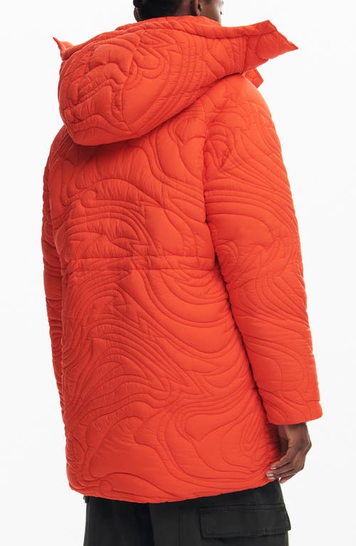 Desigual Aarhus Embroidered Quilted Coat With Removable Hood In Orange