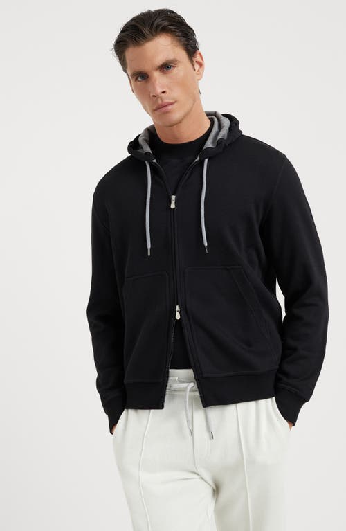 Shop Brunello Cucinelli Cotton, Cashmere And Silk French Terry Double Cloth Hooded Sweatshirt With Zipper In Black