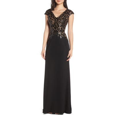 Tadashi Shoji Sequin & Crepe Evening Dress, Black