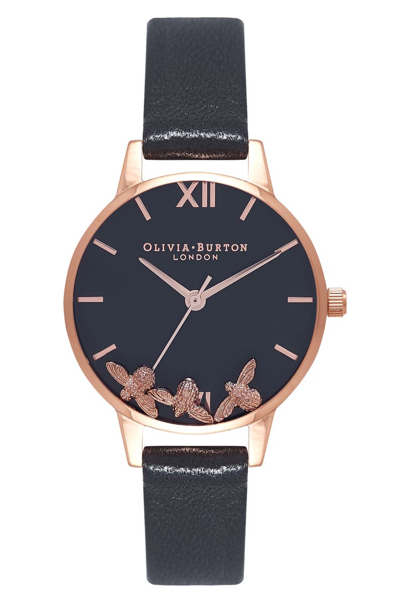 Olivia Burton Busy Bees Leather Strap Watch 30mm Nordstrom