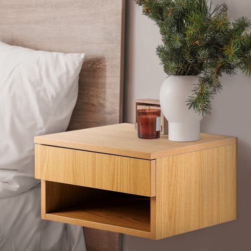 Jonathan Y Ettore Mid-century Modern Floating Wall Mounted Nightstand With Soft-close Drawer And Cab In Light Oak