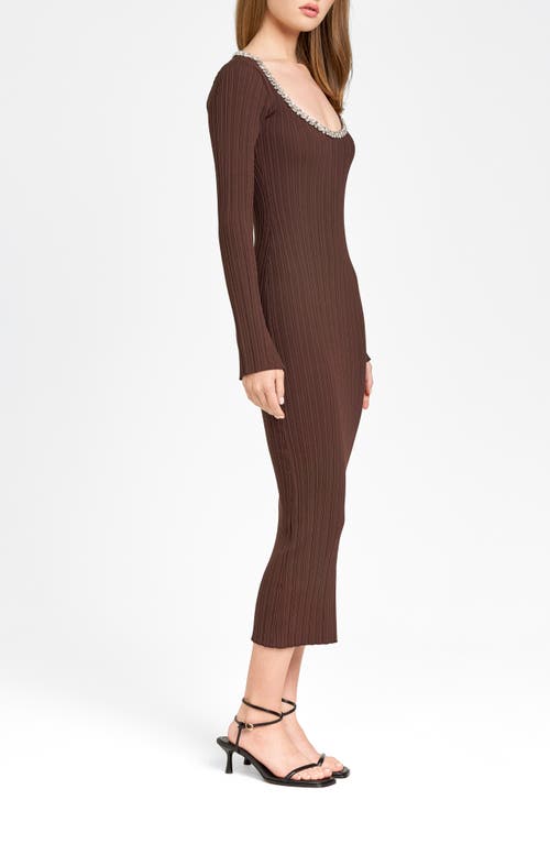 Shop Wayf Cinthia Jewel Neck Long Sleeve Rib Midi Dress In Espresso