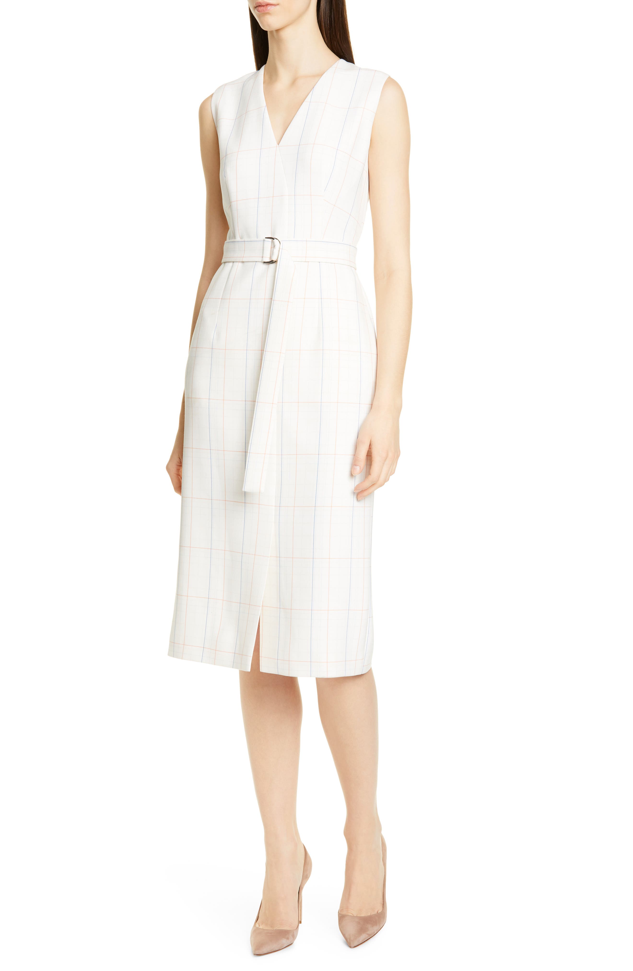Boss Check Faux Wrap Dress, White