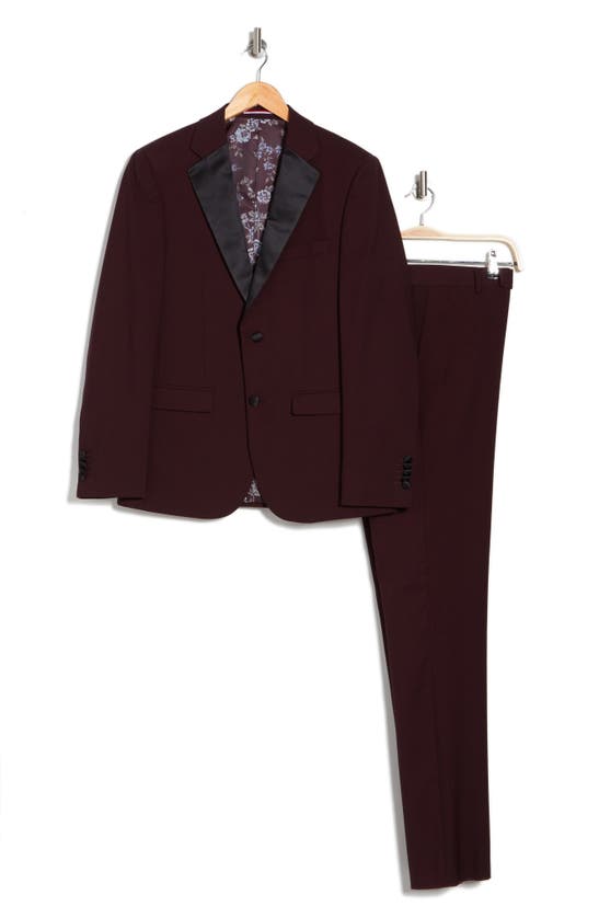 Soul Of London Tuxedo Notch Satin Lapel Suit In Burgundy