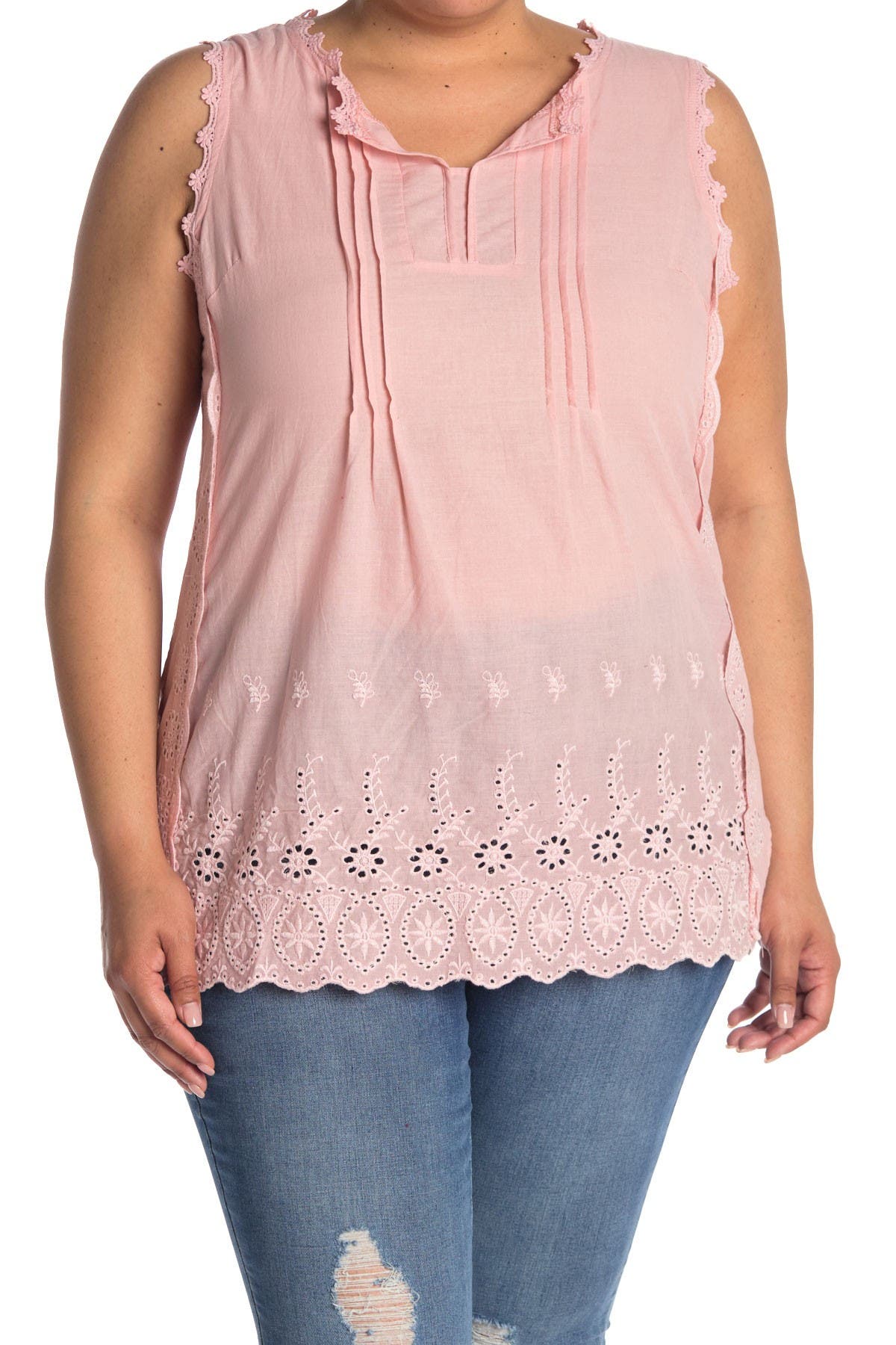 Forgotten Grace Sleeveless Pintuck Eyelet Trim Tunic In Pink