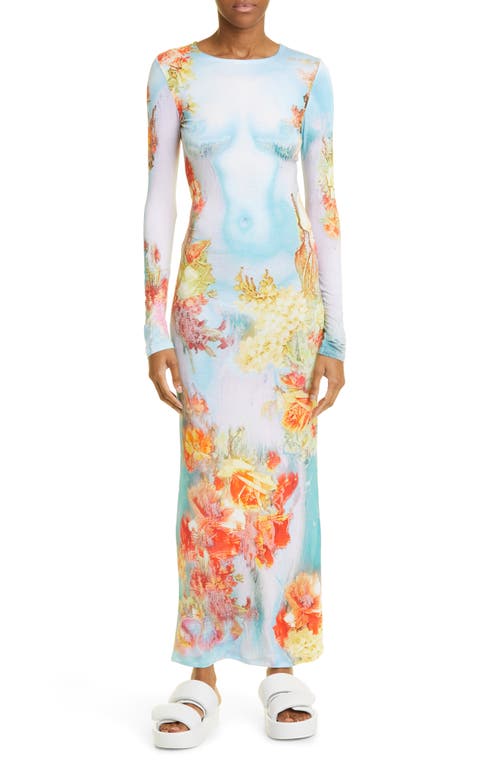 Jean Paul Gaultier Floral Body Print Crop Long Sleeve Dress in Blue/Yellow
