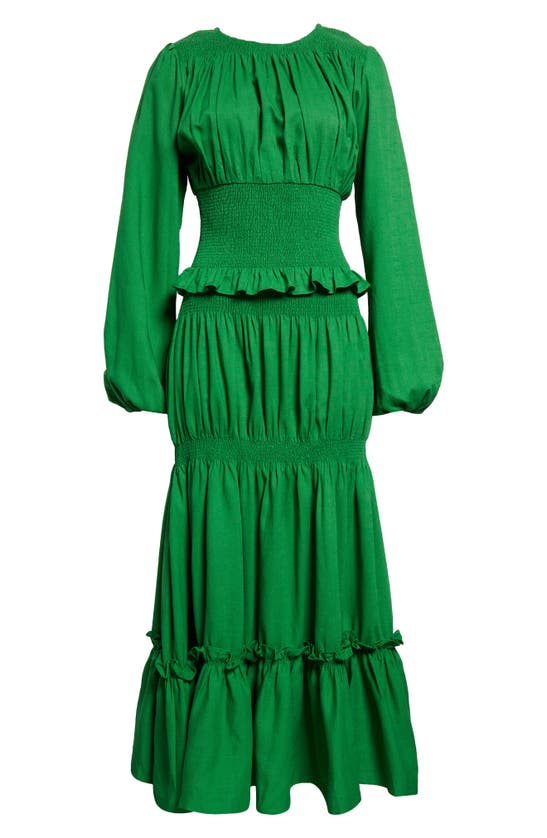 Shop Oríré Gale Smocked Long Sleeve Tiered Maxi Dress In Green