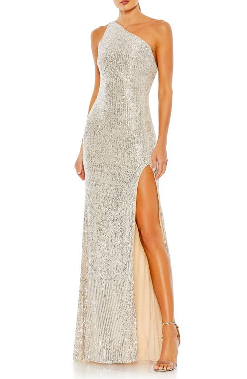 One-Shoulder Sequin Gown in Silver