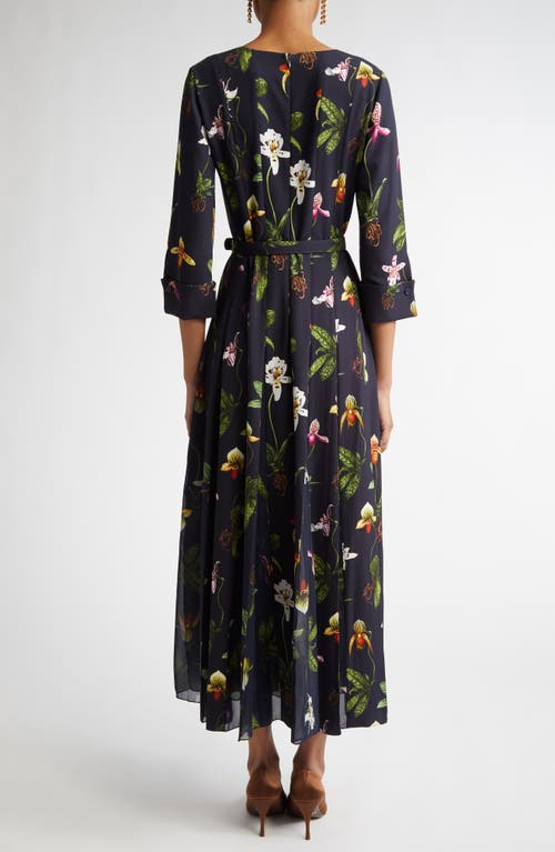 Shop Oscar De La Renta Orchid Print Chiffon Inset Cady Dress In Navy Multi