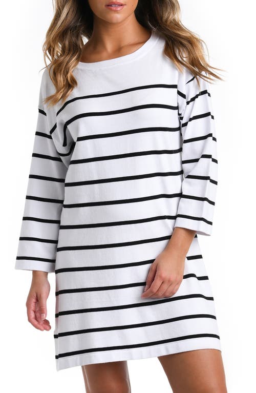 Stripe Boat Neck Cover-Up Tunic in White With Black