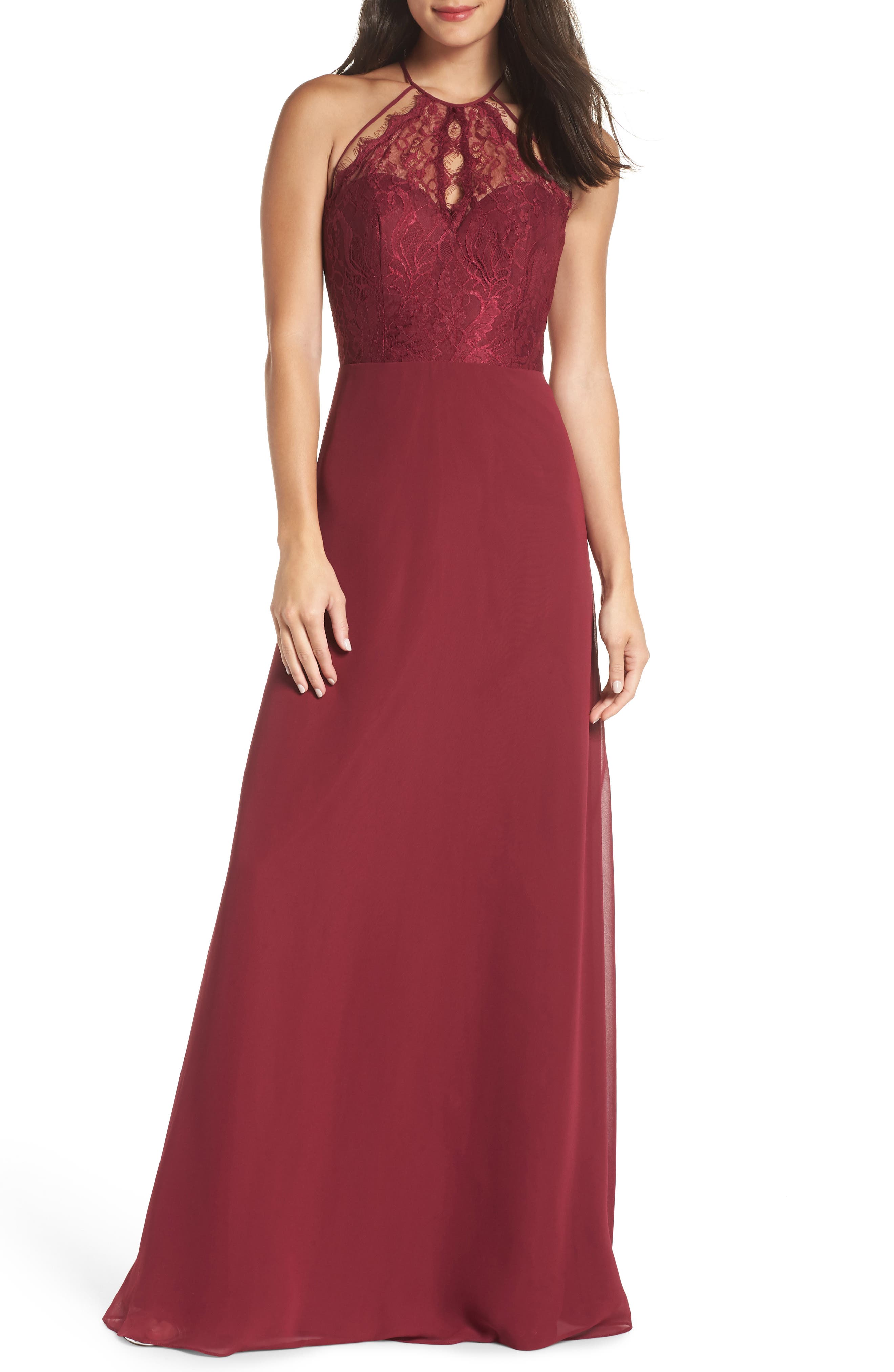 Hayley Paige Occasions Lace & Chiffon Halter Gown, Burgundy