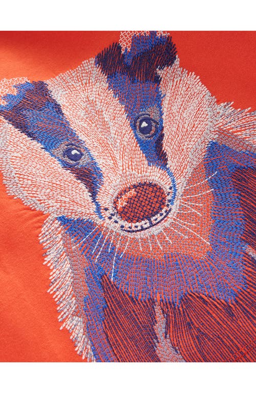 Shop Mini Boden Kids' Badger Embroidered Long Sleeve Cotton Graphic T-shirt In Terracotta Orange Badger