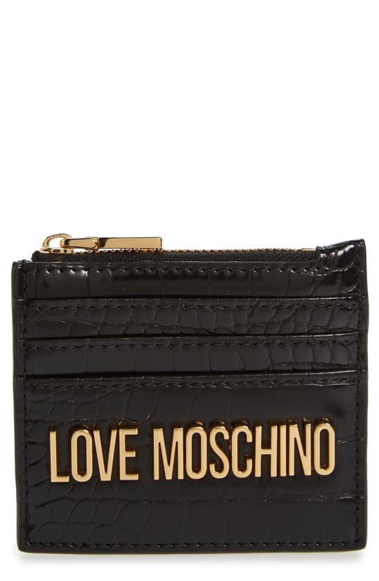 Love Moschino Croc Embossed Faux Leather Zip Card Wallet In Black