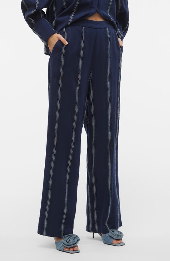 Shop Vero Moda Embroidered Stripe Cotton Wide Leg Pants In Navy Blazer/ Birch