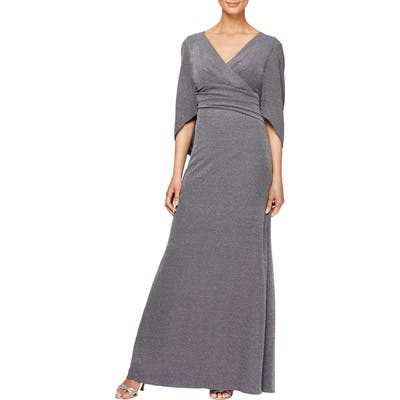Alex Evenings Cape Sleeve Metallic Twill Gown, Grey