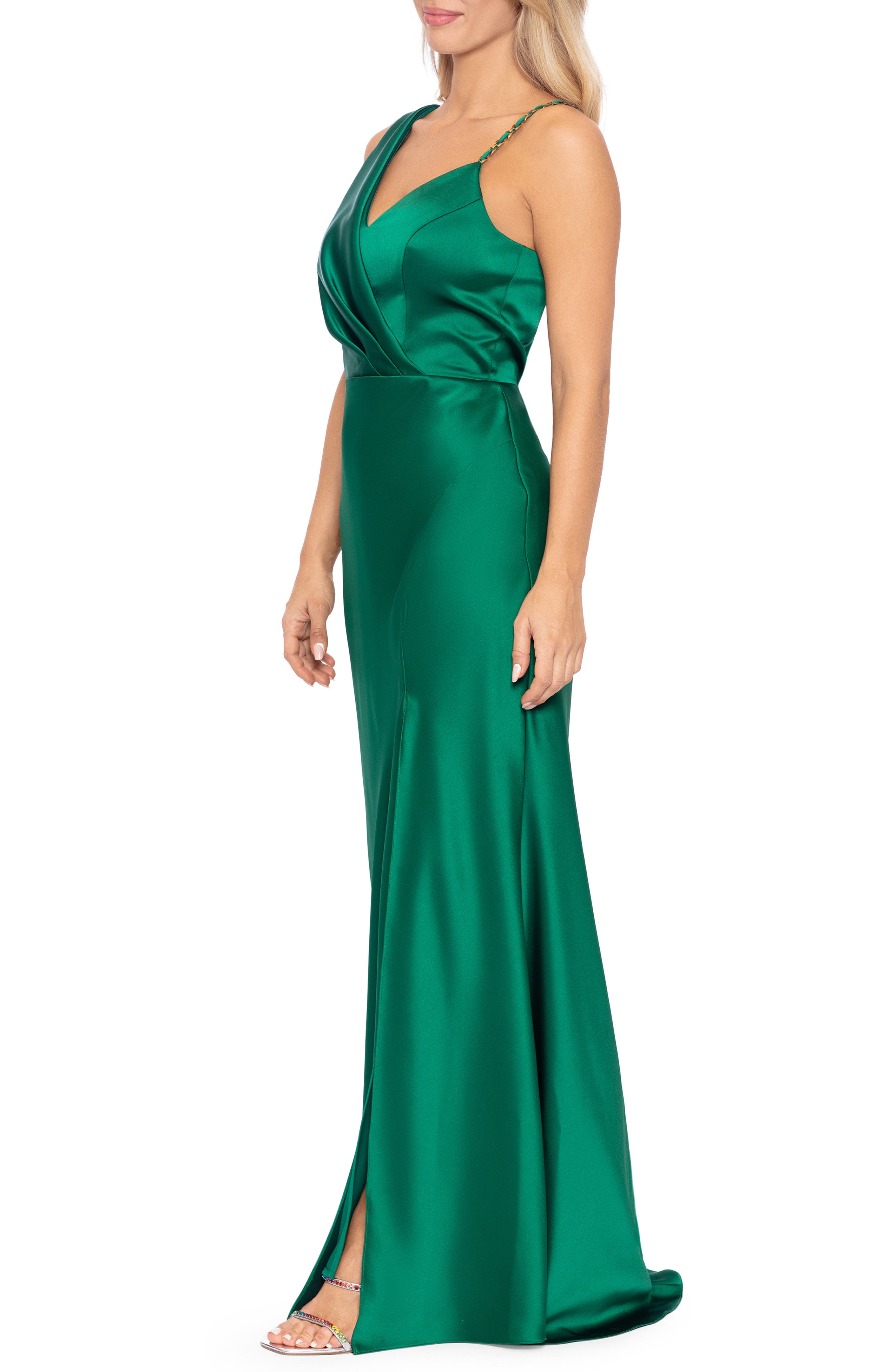 xscape satin gown in emerald green