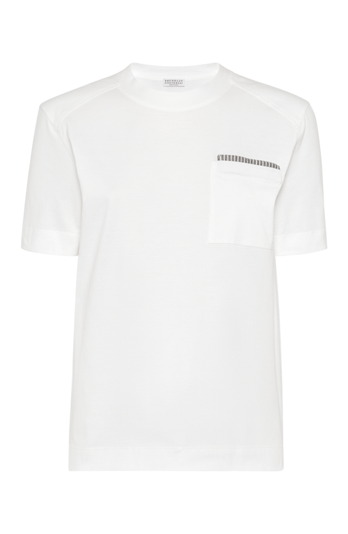 Shop Brunello Cucinelli Cotton Jersey T-shirt With Shiny Ribbed Detail In White