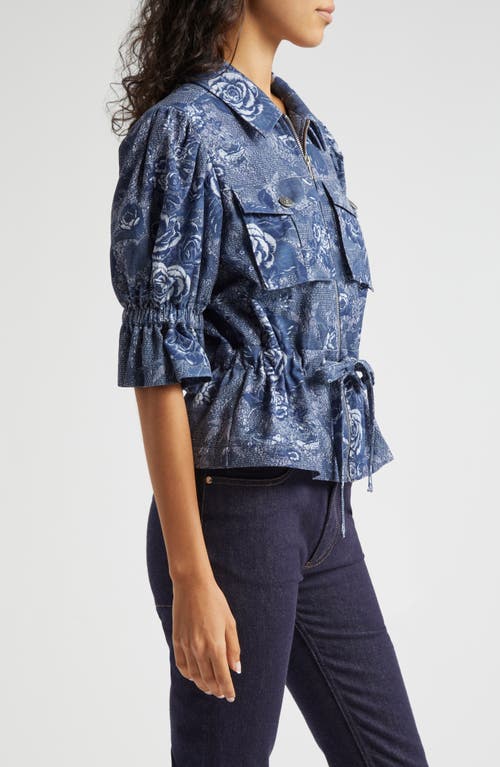 Shop Cinq À Sept Adie Floral Print Short Sleeve Jacket In Indigo Multi