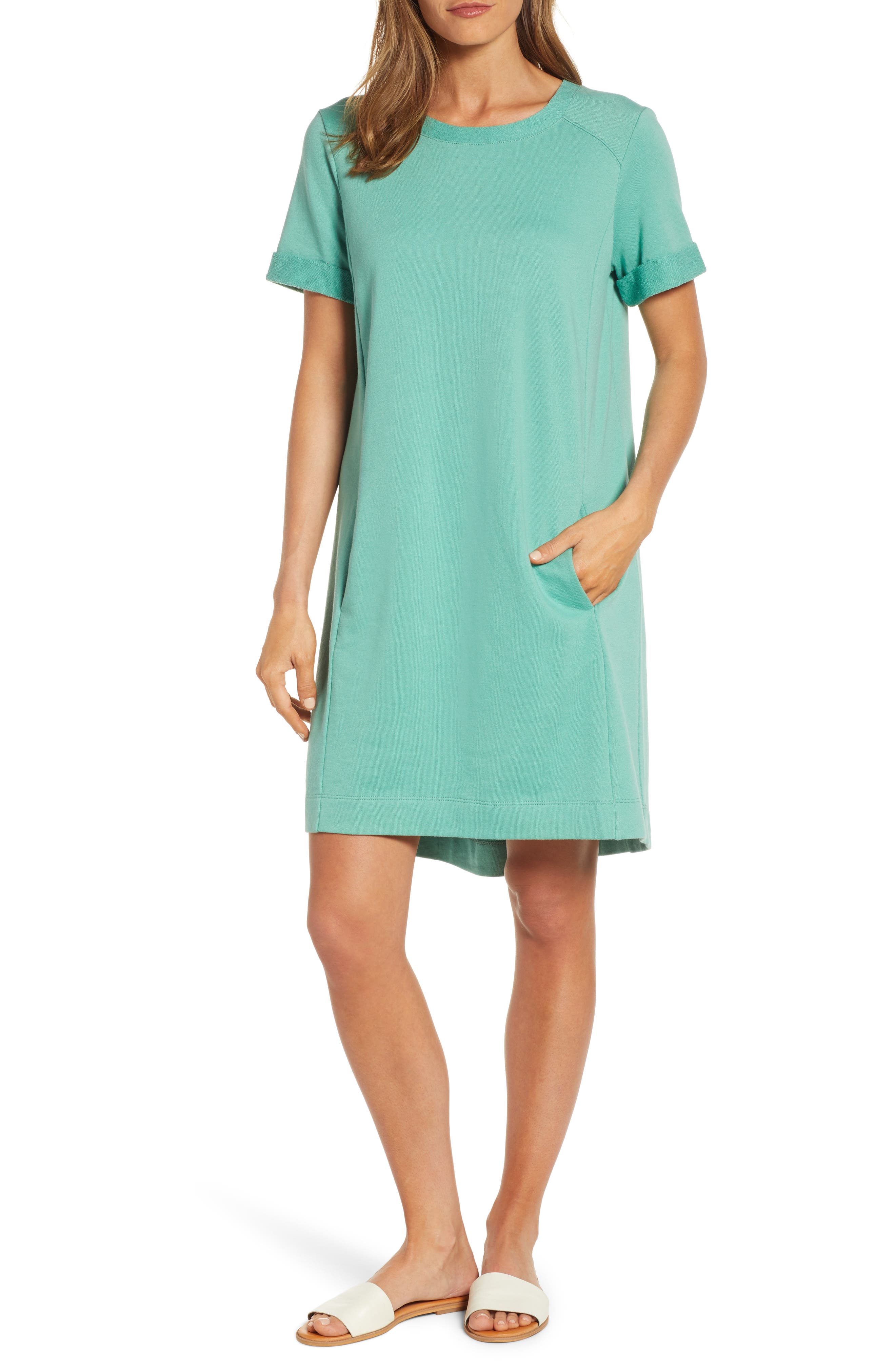 Petite Caslon Short Sleeve Cotton Blend Dress, Green