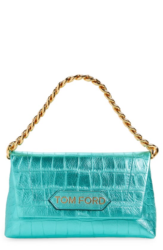 Tom Ford Metallic Croc Embossed Leather Mini Shoulder Bag In Lagoon