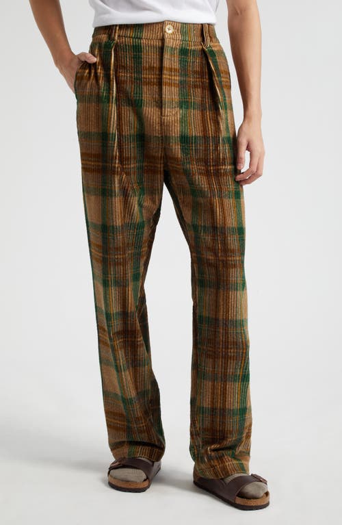 Plaid Pleated Corduroy Pants in Olive