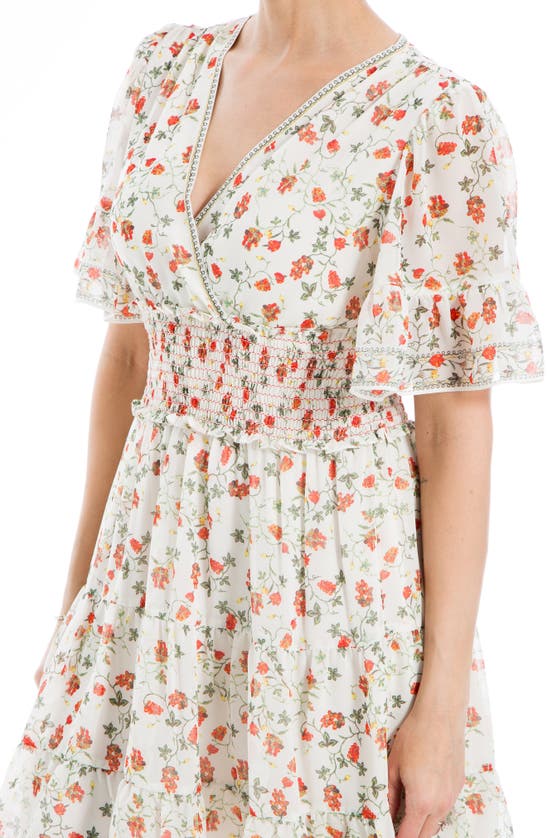 Max Studio Georgette Ditsy Floral Print Tiered Dress In Cream/ Poppy Sml Crly Clstrs