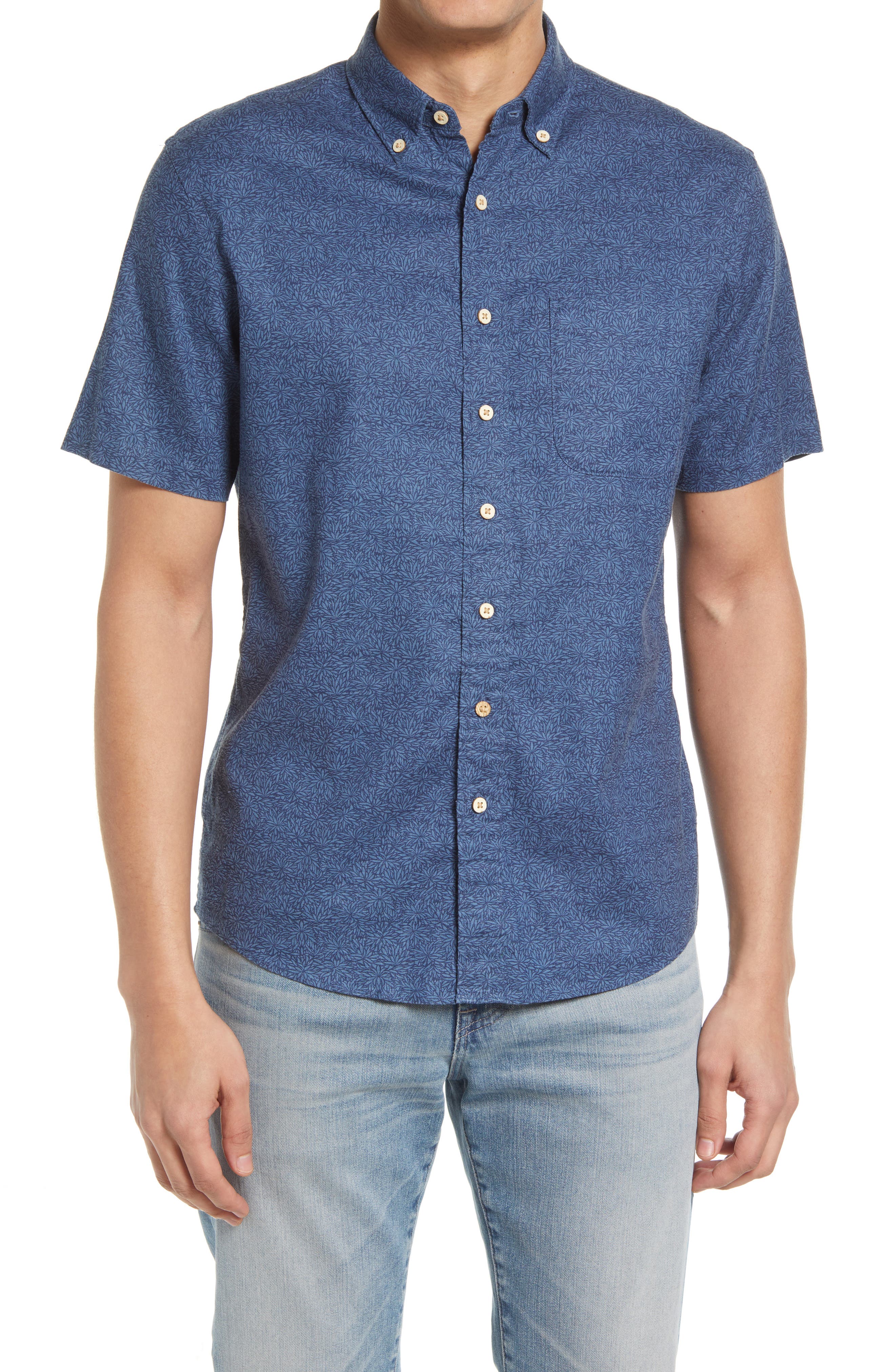 Faherty Breeze Short Sleeve Button-Up Shirt in Horizon Blues Frond Pr