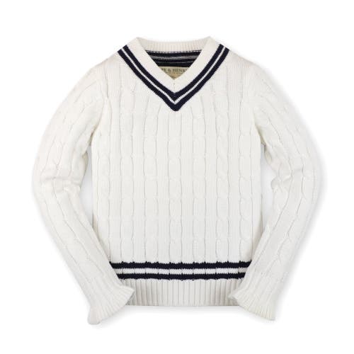 Hope & Henry Girls' Ruffle Cuff Cricket Sweater, Kids In Soft White Cable With Navy