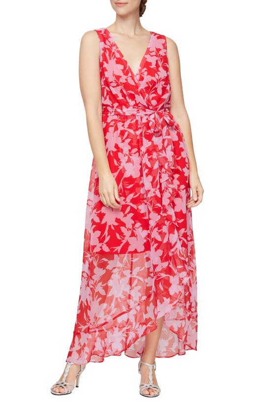 Sl Fashions Surplice V-neck Sleeveless Floral Print Long Gown In Rdm