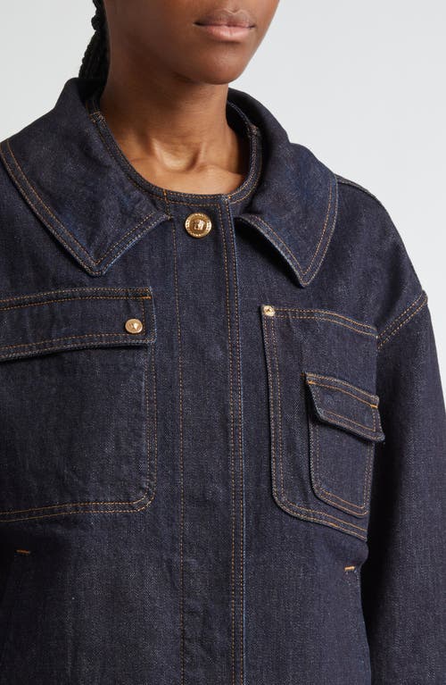 Shop Versace Medusa Buckle Patch Pocket Denim Shirt In Dark Blue