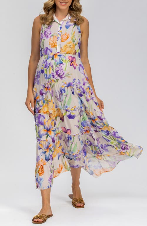 Shop Pietro Brunelli Floral Print Button-up Sleeveless Maxi Maternity Dress In Light/pastel Purple