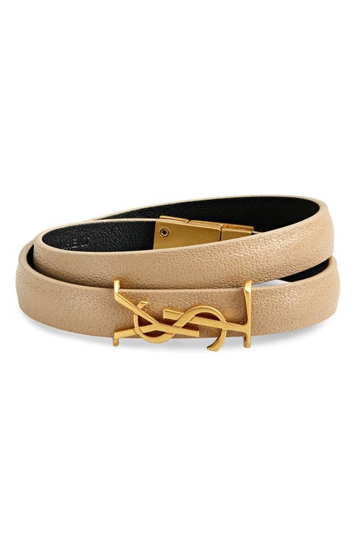 Saint Laurent Opyum Logo Double Wrap Leather Bracelet in Beige/Gold