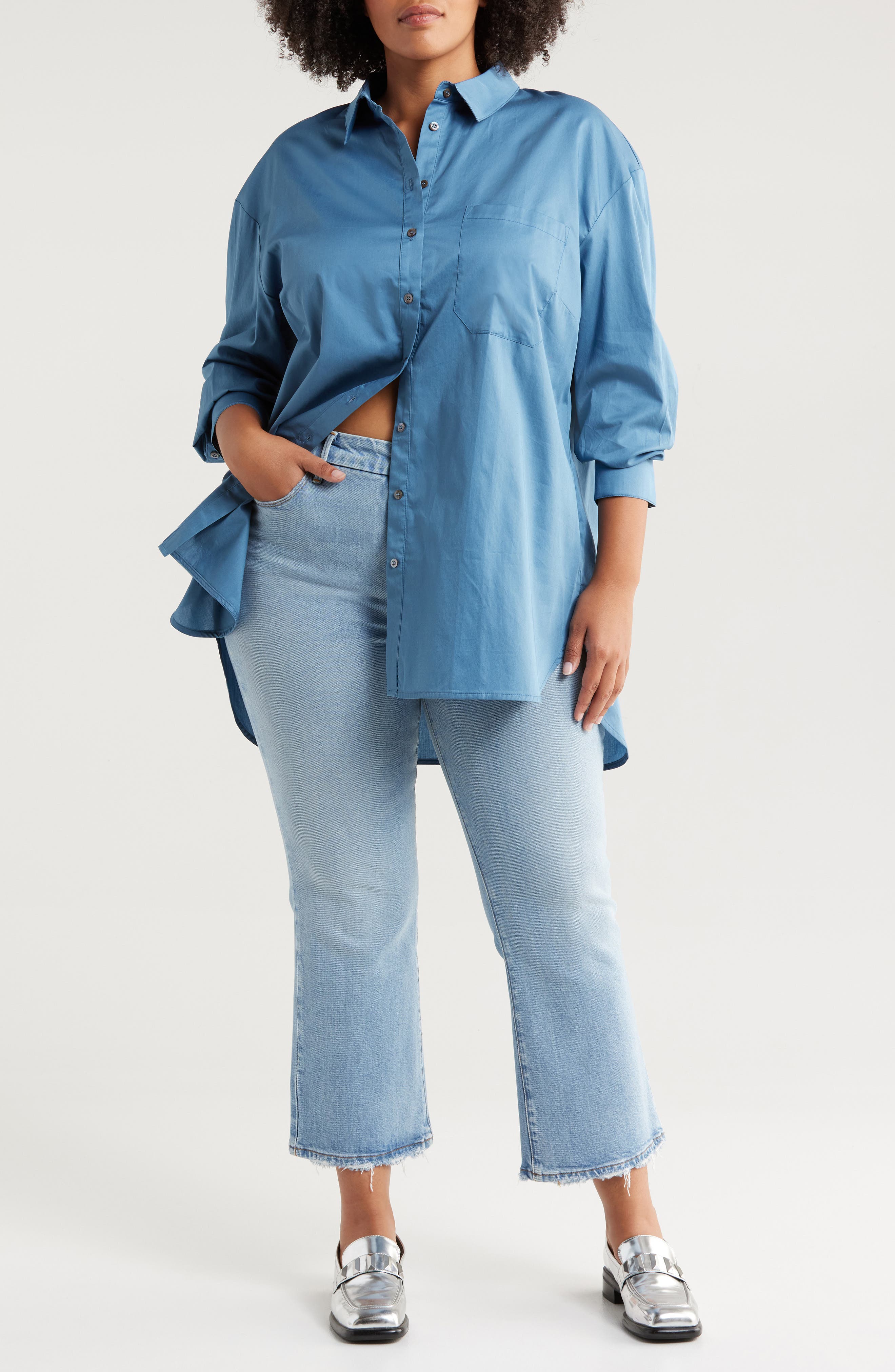 HARSHMAN Vivant Cotton Button-Up Tunic Shirt in Stellar Blue 