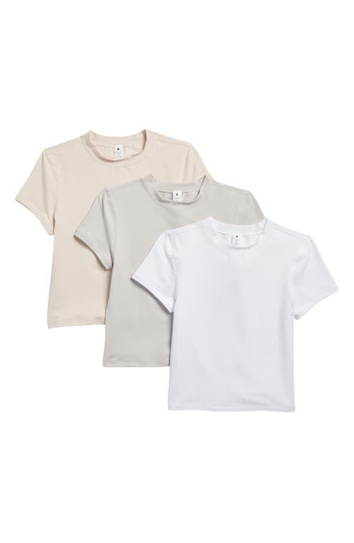 Shop Yogalicious 3-pack Airlite Melissa Mock Neck Crop T-shirts In Crystal Gray/beige/micro Cream